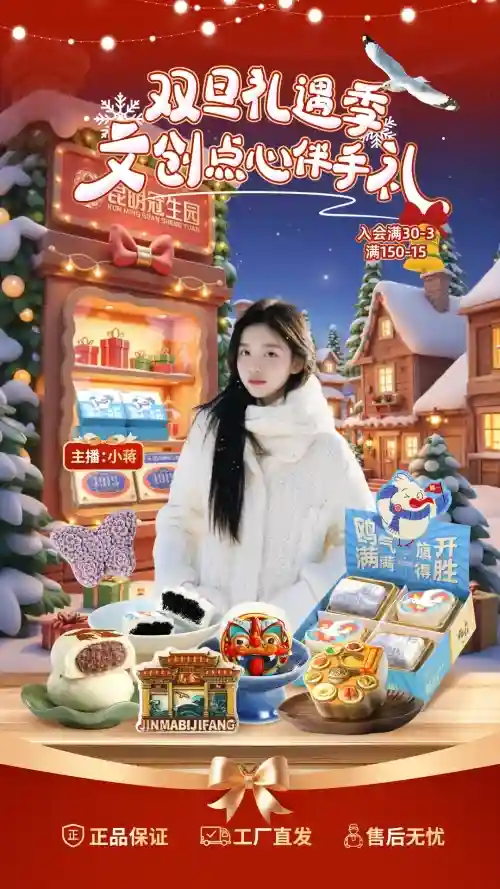 圣诞节直播圈设计零食美食直播间案例雪景背景贴片